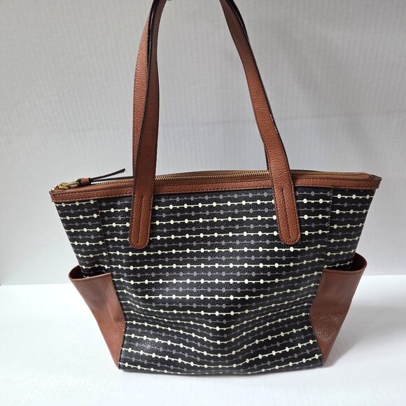 Fossil Mini Shopper Tote Black Key Pattern Brown Vegan Leather Travel Office Bag - Picture 3 of 12